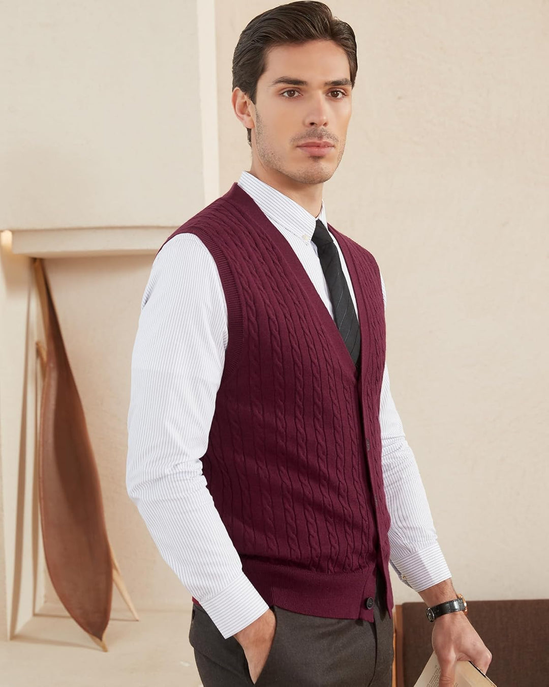 Kallspin Herren Strickweste Ärmellos Cardigan Wollmischung mit Zopfmuster und Knöpfen S Burgund, S B