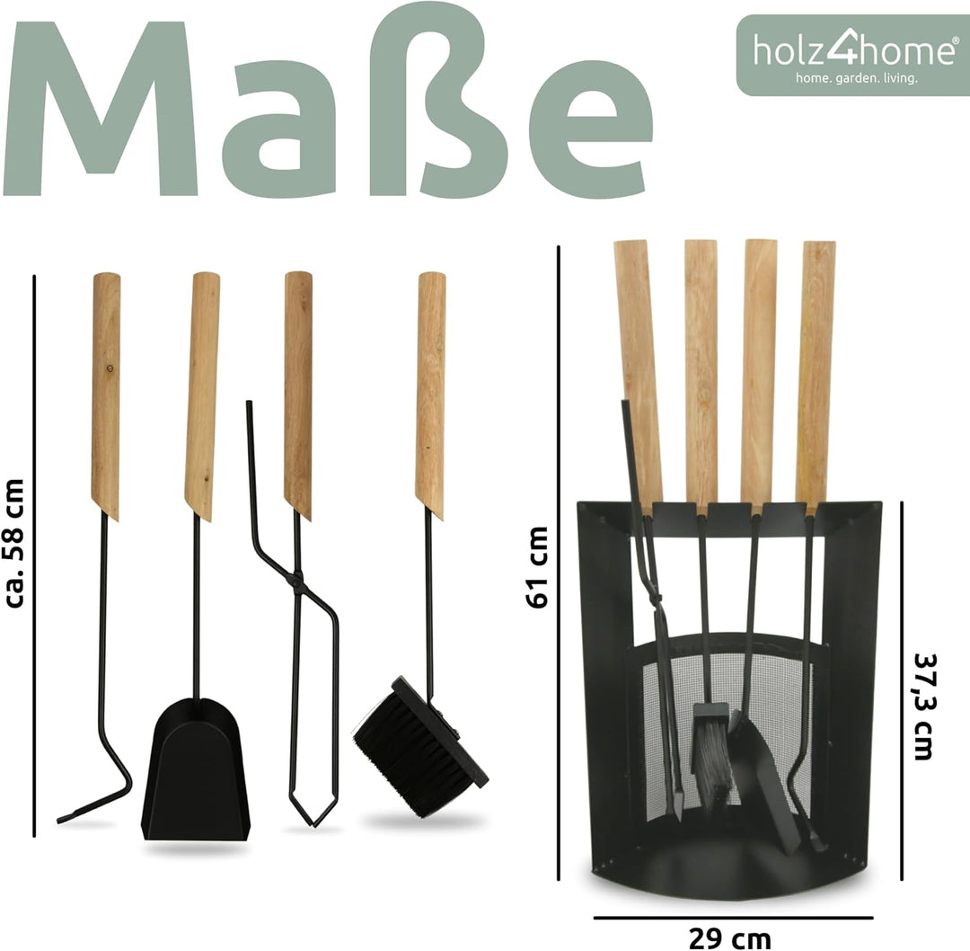 holz4home® Kaminbesteck 6-tlg. Schwarz mit Holzgriff inkl. Ofenhandschuh hitzebeständig I Kaminset K