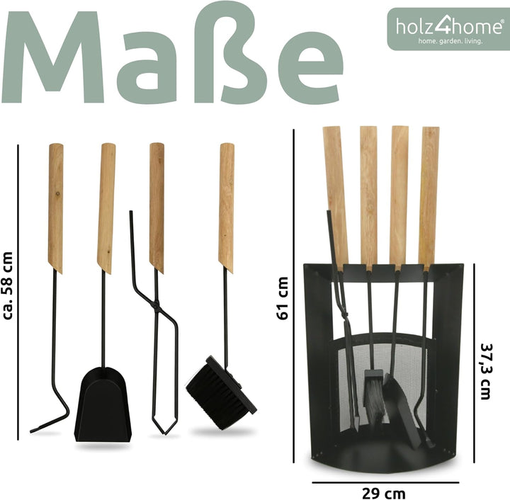 holz4home® Kaminbesteck 6-tlg. Schwarz mit Holzgriff inkl. Ofenhandschuh hitzebeständig I Kaminset K