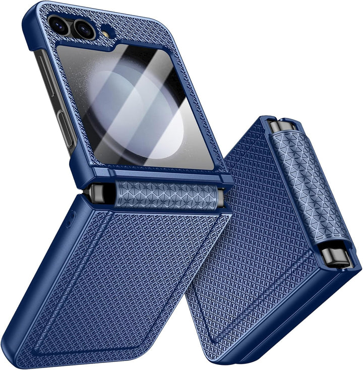 für Samsung Galaxy Z Flip 5 Hülle mit Scharnierschutz & Displayschutzfolie, Rutschfester Textur, Har