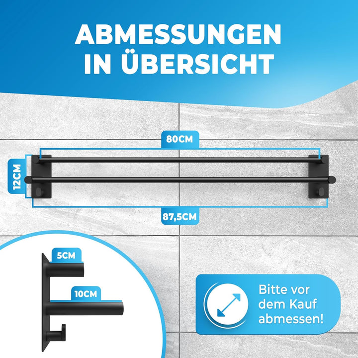 LOBUXยฎ - Handtuchhalter ohne bohren schwarz โ 80cm, Edelstahl rostfrei โ Handtuchhalter Bad doppelt,