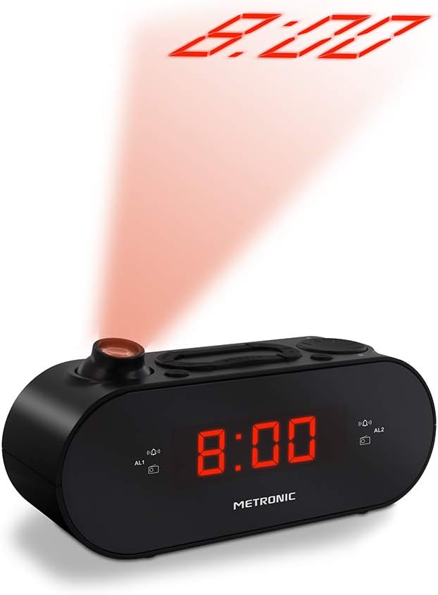 Metronic 477039 FM-Radiowecker, Projektion, doppelter Alarm, mit Sleep/Snooze-Funktion, einstellbare
