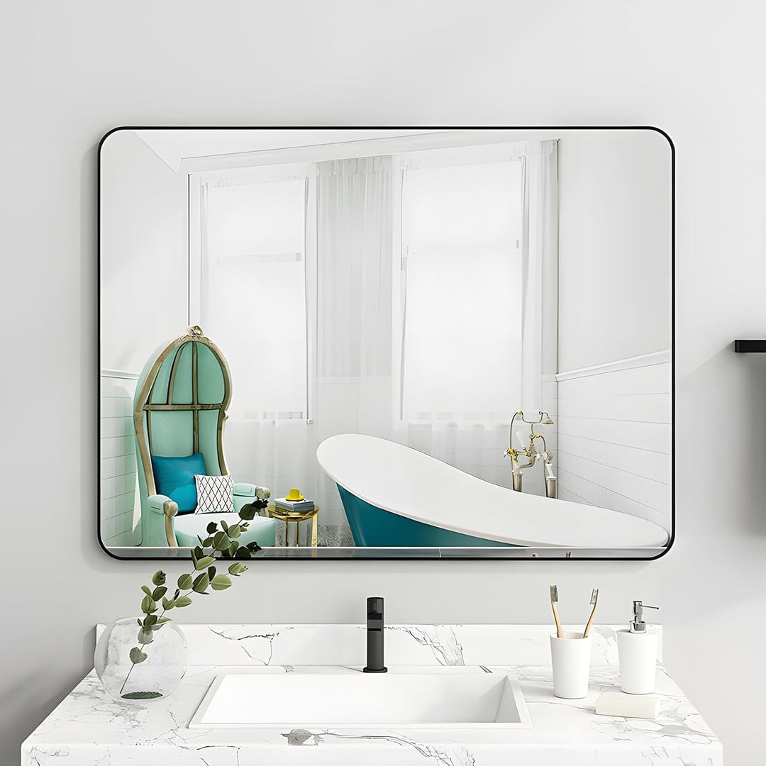 MIQU Badezimmerspiegel 70x50cm Badspiegel ohne Beleuchtung rechteckig Spiegel Schwarz Metallrahmen W