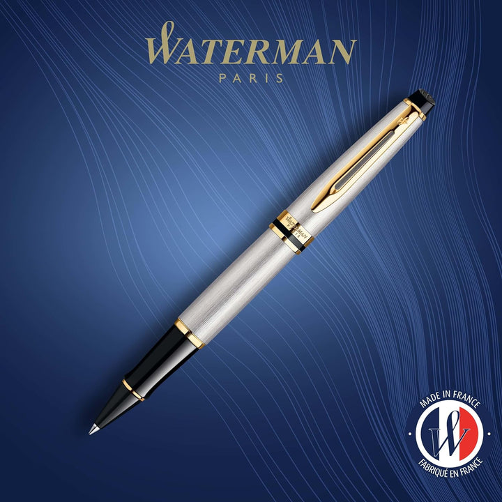 Waterman Expert Tintenroller | Edelstahl | Zierteile aus 23 K Gold| feine Spitze | Schwarz | Geschen