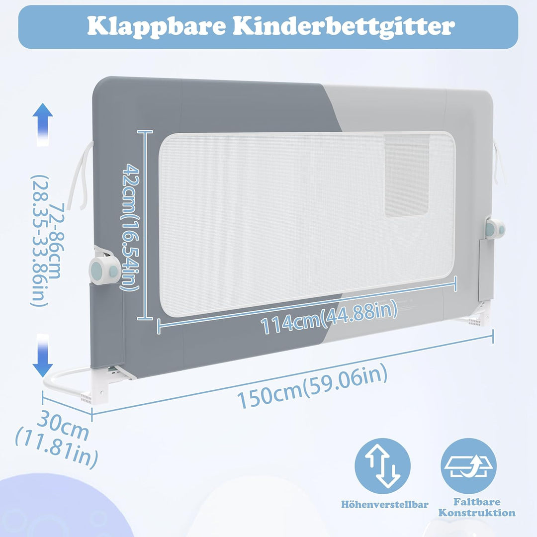 UISEBRT Bettgitter 150cm Bettschutzgitter Klappbar für Kleinkinder, Rausfallschutz Höhenverstellbar
