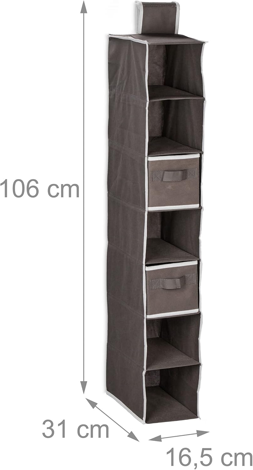 Relaxdays Hängeregal Kleiderschrank, 7 Fächer, Stoff, HxBxT: 106 x 16,5 x 31 cm, 2 Schübe, Kleideror