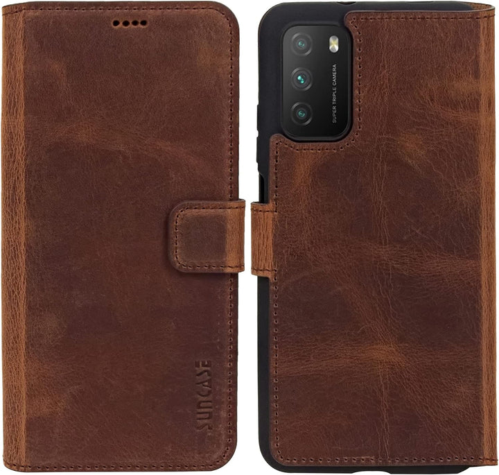 Suncase Book-Style Hülle kompatibel mit Xiaomi Poco M3 Leder Tasche (Slim-Fit) Lederhülle Handytasch