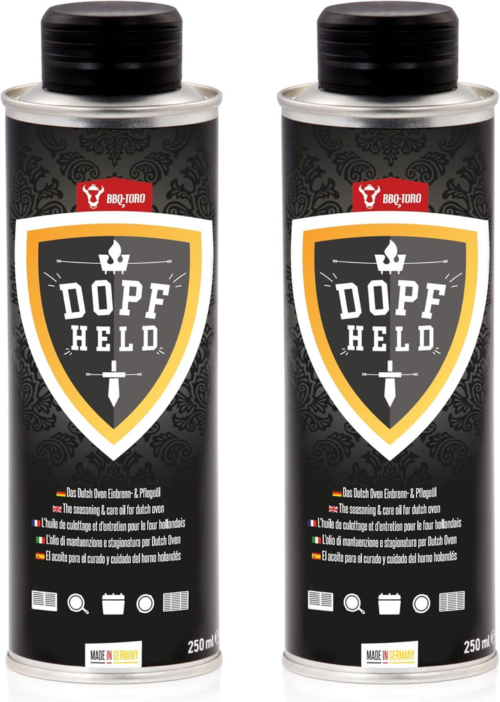 BBQ-Toro DOPFHELD - Das Dutch Oven Einbrenn- & Pflegeöl | 2x 250 ml | Öl für Pflege von Gusseisen Gr