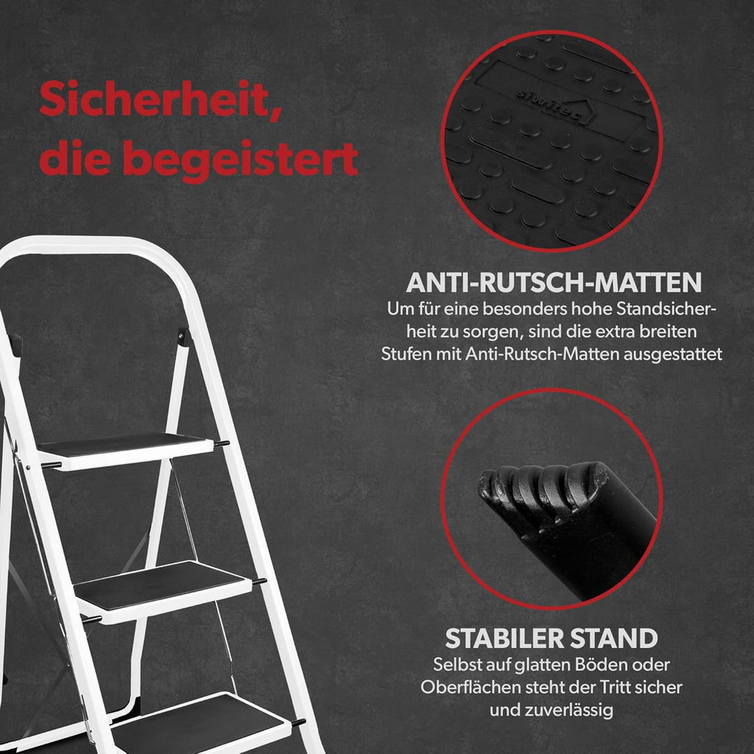 siwitec Klapptritt aus Stahl mit 3 Stufen, Weiss, kleine Leiter mit Anti-Rutschmatten, 150 kg Tragla