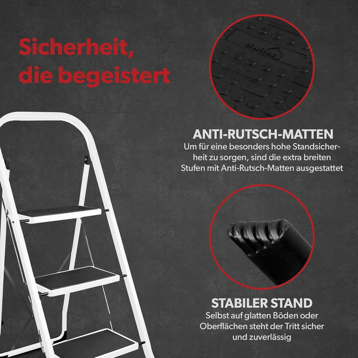 siwitec Klapptritt aus Stahl mit 3 Stufen, Weiss, kleine Leiter mit Anti-Rutschmatten, 150 kg Tragla