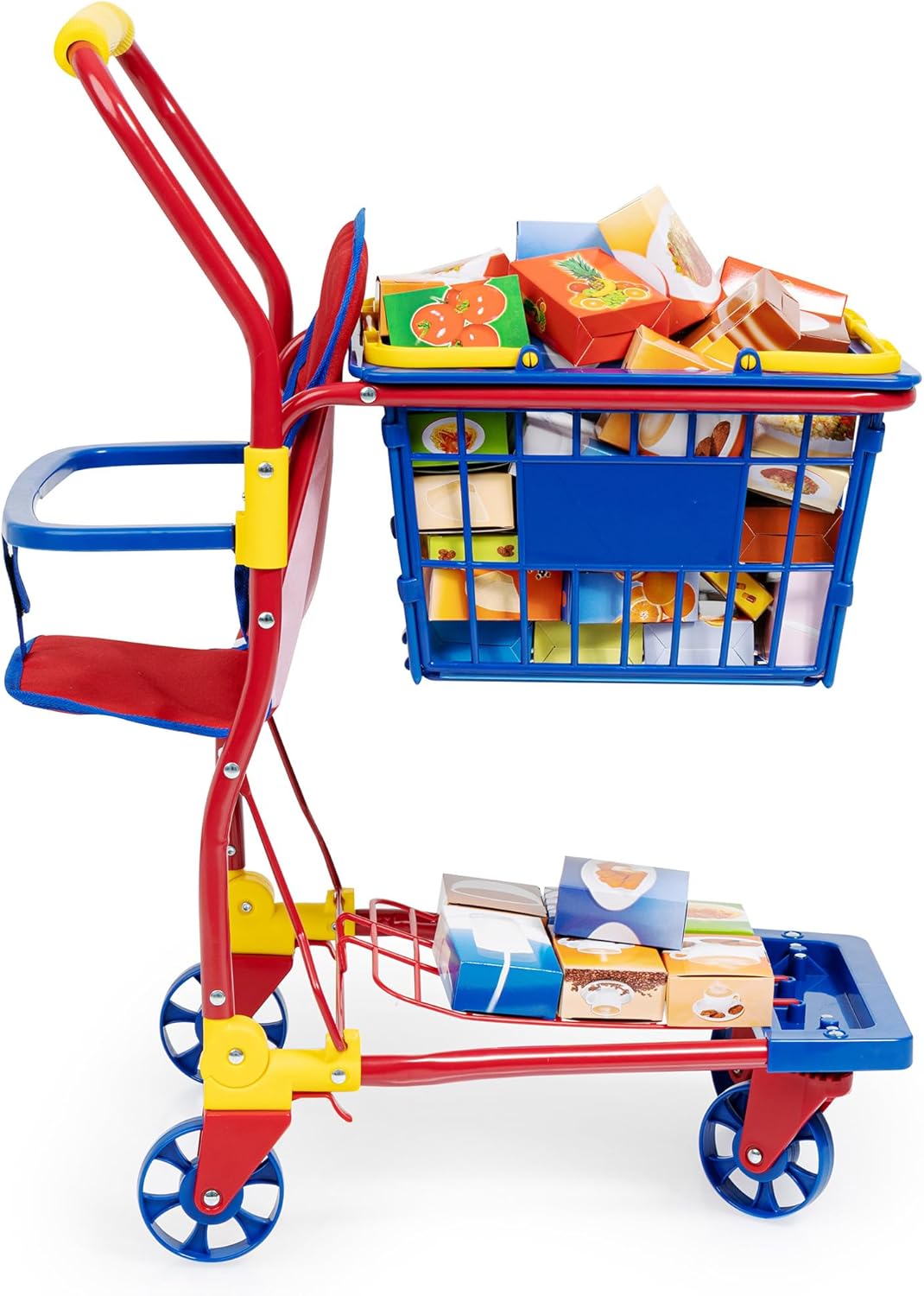 Bayer Design 75003AA Einkaufswagen Supermarkt Kinder, mit Spiellebensmittelkartons, bunt, aus Metall