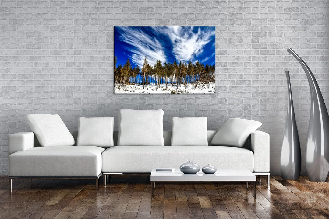 deyoli verschneiter Nadelwald Format: 80x60 als Leinwand, Motiv fertig gerahmt auf Echtholzrahmen, H