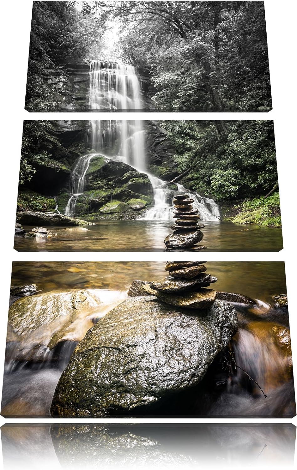 Pixxprint Zen Steine vor Wasserfall B&W Detail 3-Teiler Leinwandbild 120x80 Bild auf Leinwand