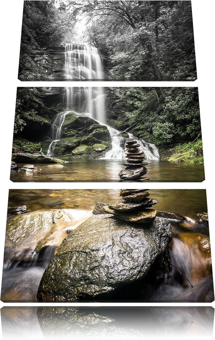 Pixxprint Zen Steine vor Wasserfall B&W Detail 3-Teiler Leinwandbild 120x80 Bild auf Leinwand
