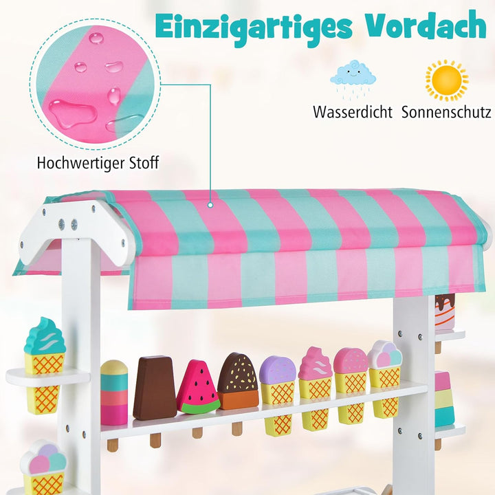 COSTWAY Kinder Eiswagen mit 12 Eiscreme, Kaufladen aus Holz mit 2 Rädern, Schiebegriff & Baldachin,