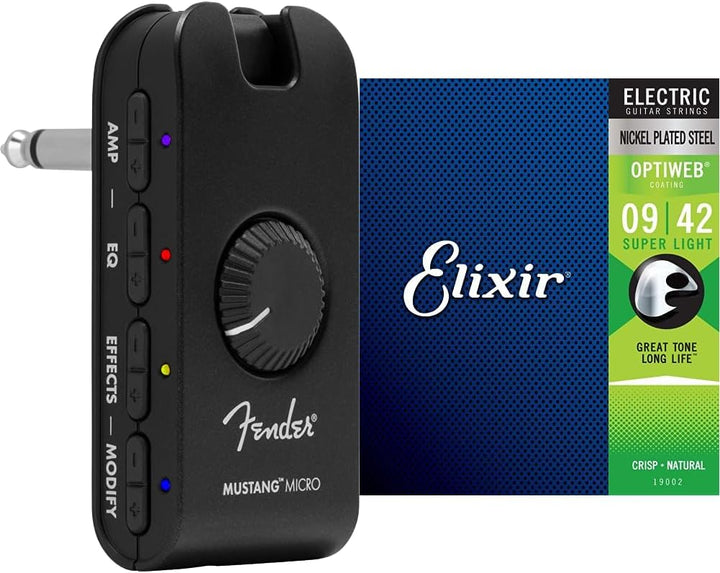 Fender Mustang Micro Amp – Der ultimative All-in-One Kopfhörer-Verstärker & Elixir 19077 Saiten E-Gi