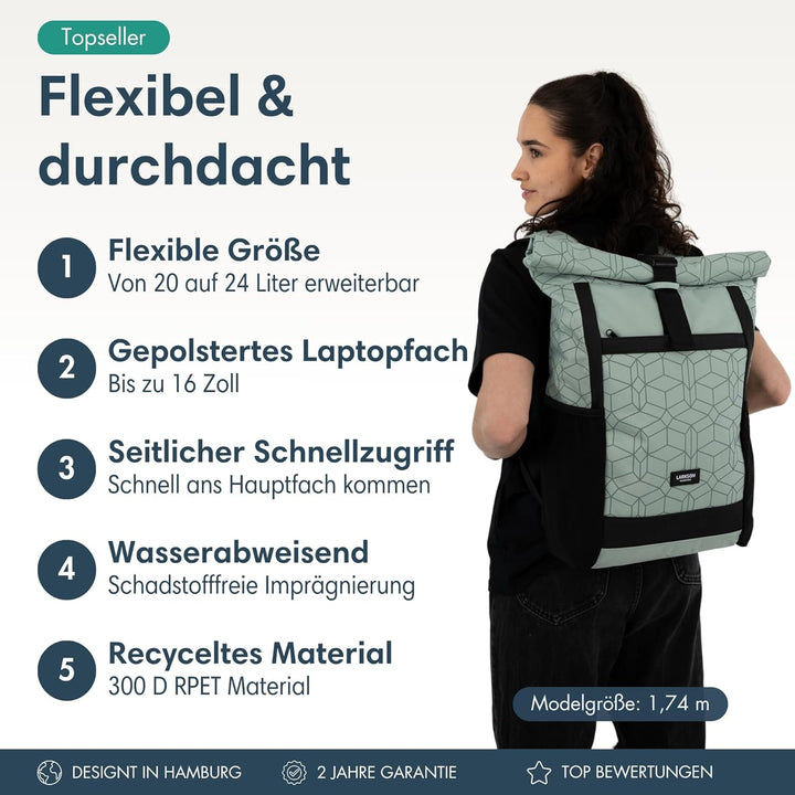LARK STREET Rolltop Rucksack Damen Gross Mint - No 2 - Daypack für Schule, Uni, Fahrrad - 15,6 Lapto