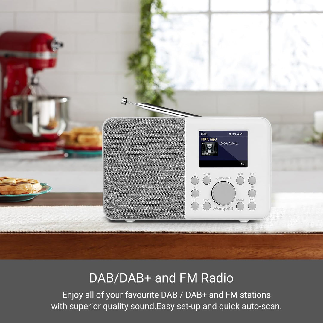 MangoKit MD3 DAB/DAB+ und UKW tragbares Digitalradio, Bluetooth-Lautsprecher, Kopfhörer, 40 voreinge