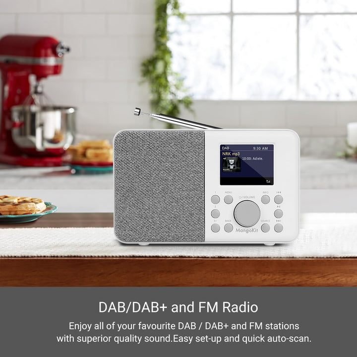 MangoKit MD3 DAB/DAB+ und UKW tragbares Digitalradio, Bluetooth-Lautsprecher, Kopfhörer, 40 voreinge