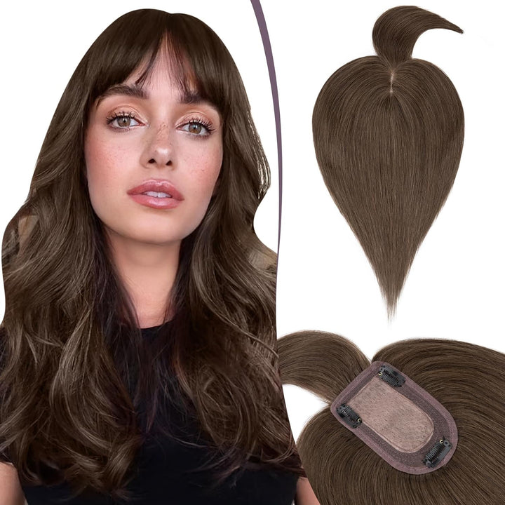 TESS Hair Topper Echthaar Braun, 7x13cm Basis Toupet Damen #2 Dunkelbraun mit Pony Haartopper Echtha