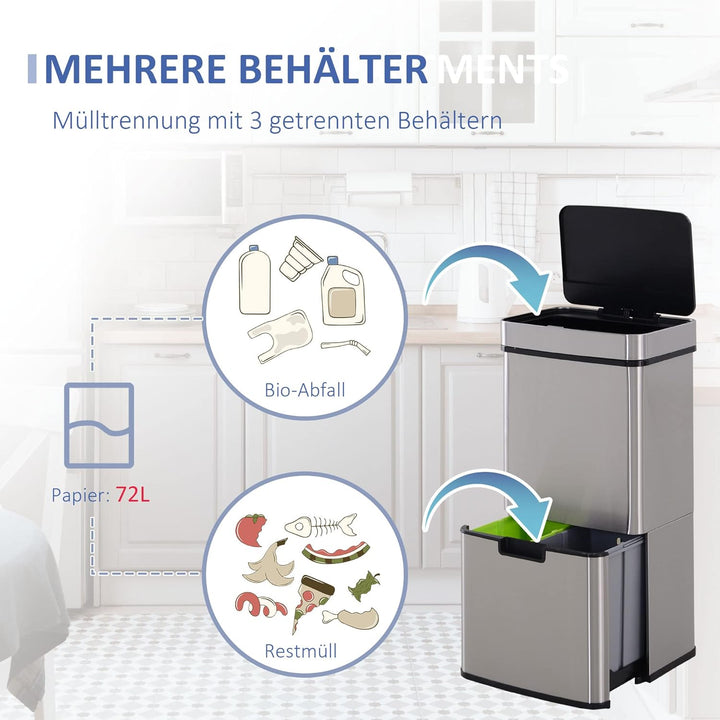 HOMCOM Mülleimer Abfalleimer mit Sensor 72 l Mülltrennsystem 3 Fächer Edelstahl Silber 42 x 30 x 81