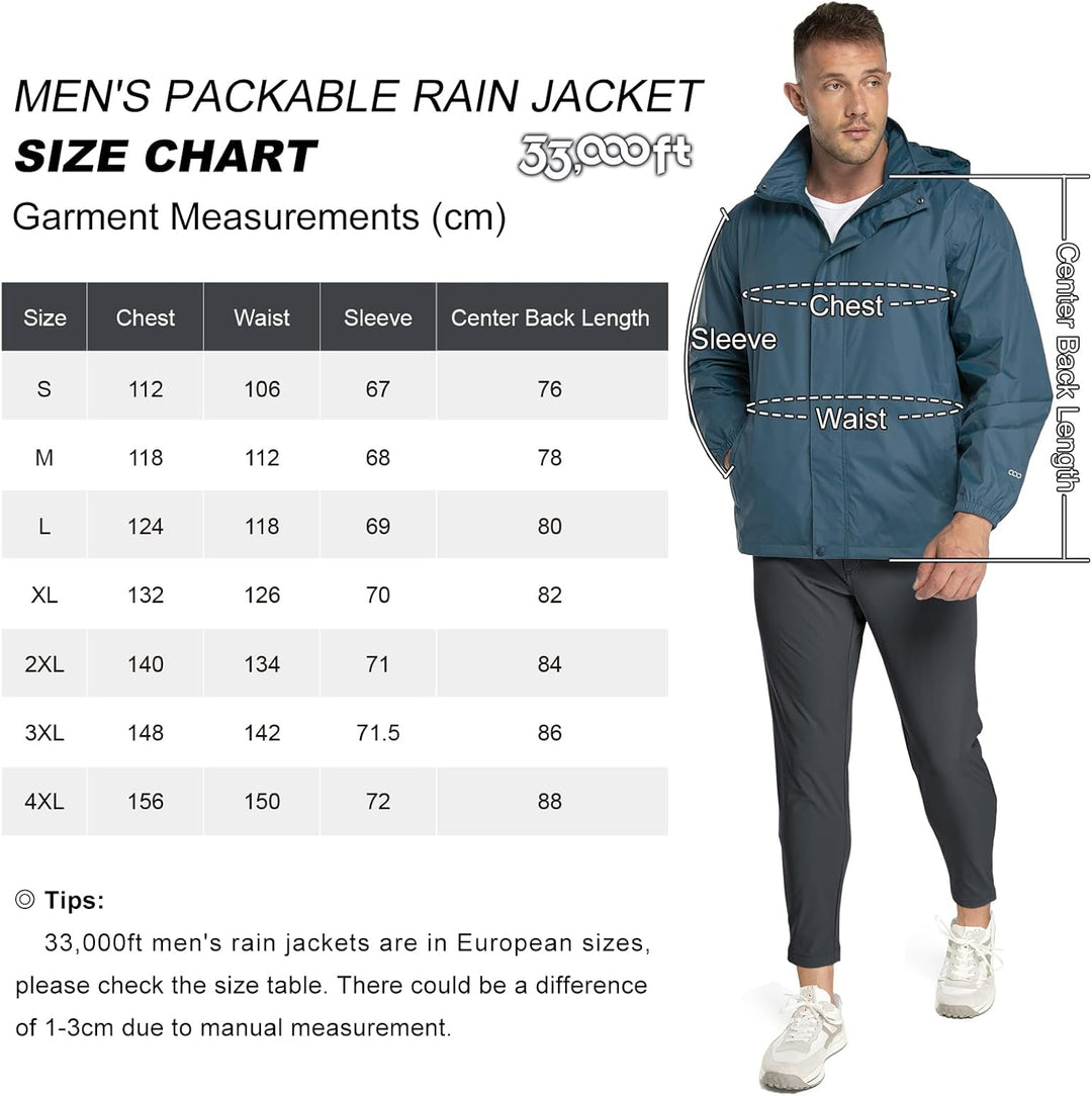 33,000ft Regenjacke Herren Leicht Wasserdicht Faltbare Regenmantel mit Kapuze Fahrrad Rain Windbreak