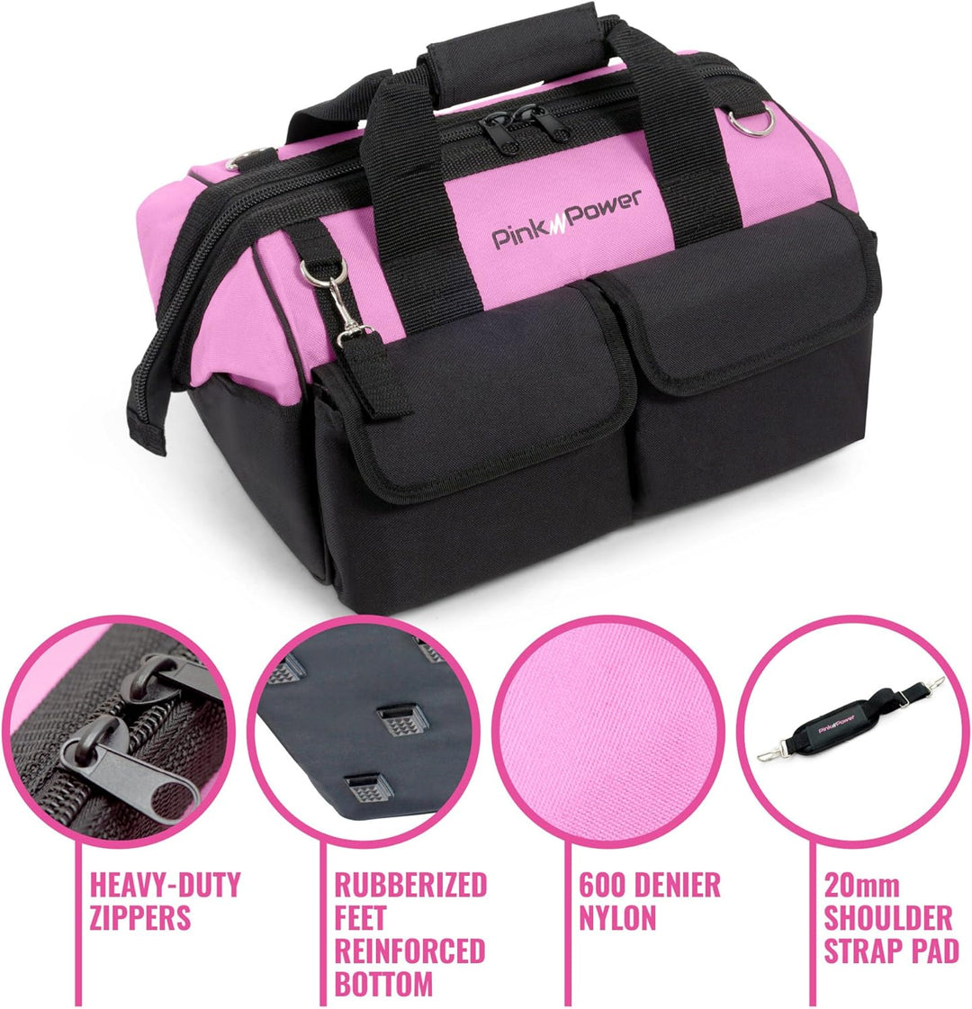 Pink Power Werkzeugtasche für Damen, mit 22 Aufbewahrungstaschen und Schultergurt, 40,6 cm