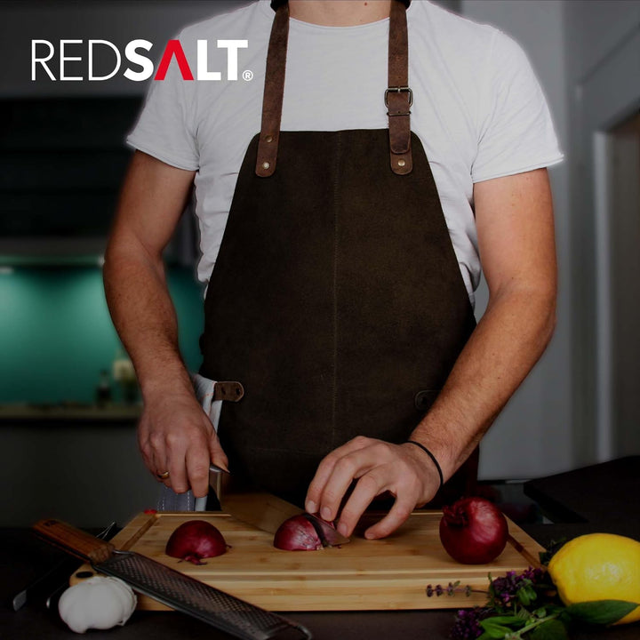 REDSALT® Premium Lederschürze 100% Büffel Wild Leder 84x62cm braun | Profi BBQ Grillschürze Arbeitss