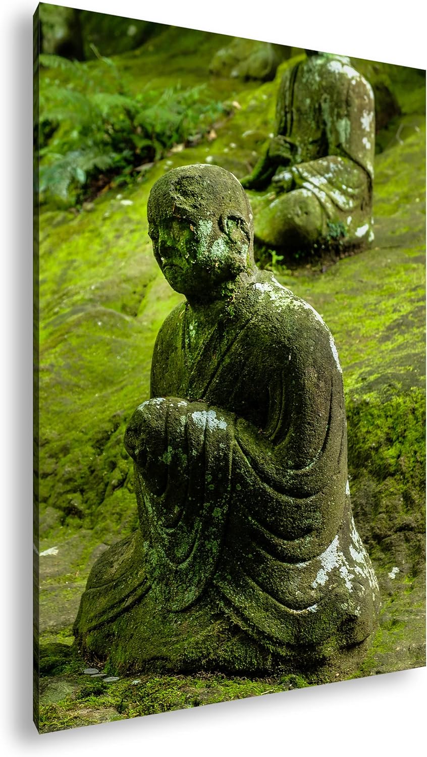 deyoli moosbedeckte Buddha Statue im Format: 80x60 als Leinwandbild, Motiv fertig gerahmt auf Echtho