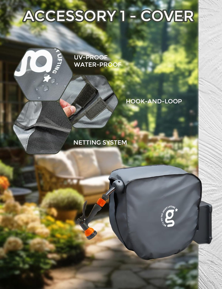 Giraffe Tools Gartenschlauchtrommel-Set mit Wasserhahn-Splitter und Abdeckung, einziehbarer 35 m Sch