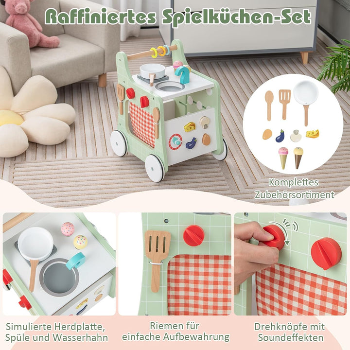 COSTWAY 6 in 1 Lauflernhilfe aus Holz, Lauflernwagen mit Spielküche, Lernuhr, Formanpassung & bewegl