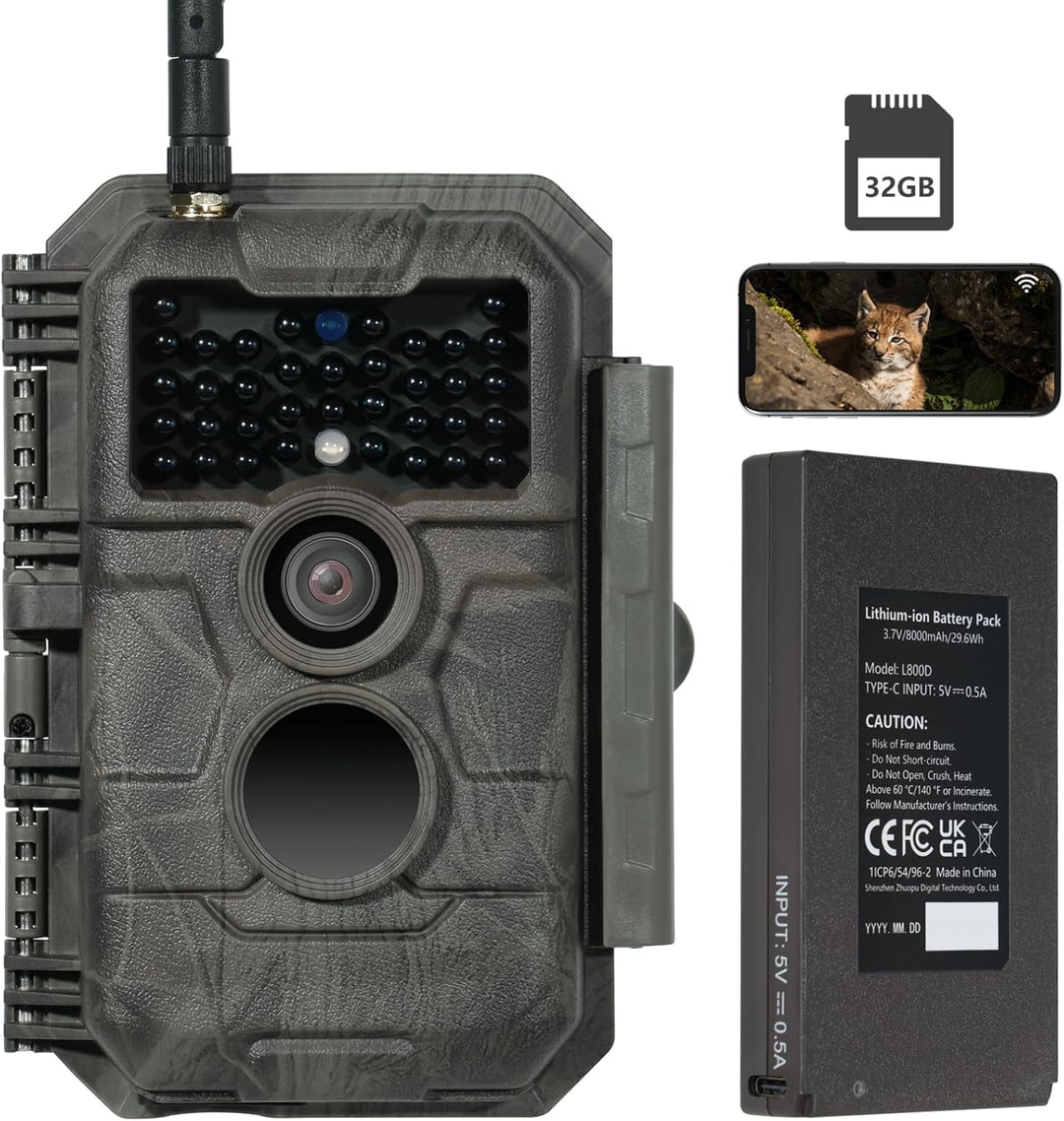 GardePro E6P Max Wildkamera WLAN, Wiederaufladbare 8000mAh Batterie, integrierte SD Karte, 64MP 1296