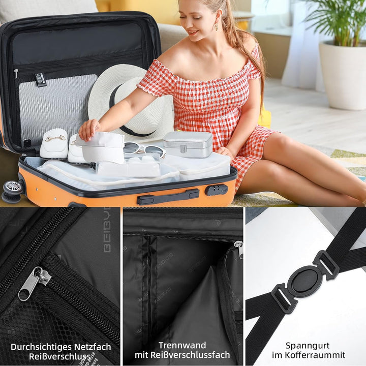 BEIBYE Zwillingsrollen 2066 Hartschale Trolley Koffer Reisekoffer Gepäck M-L-XL-Set (Orangen, Set) O