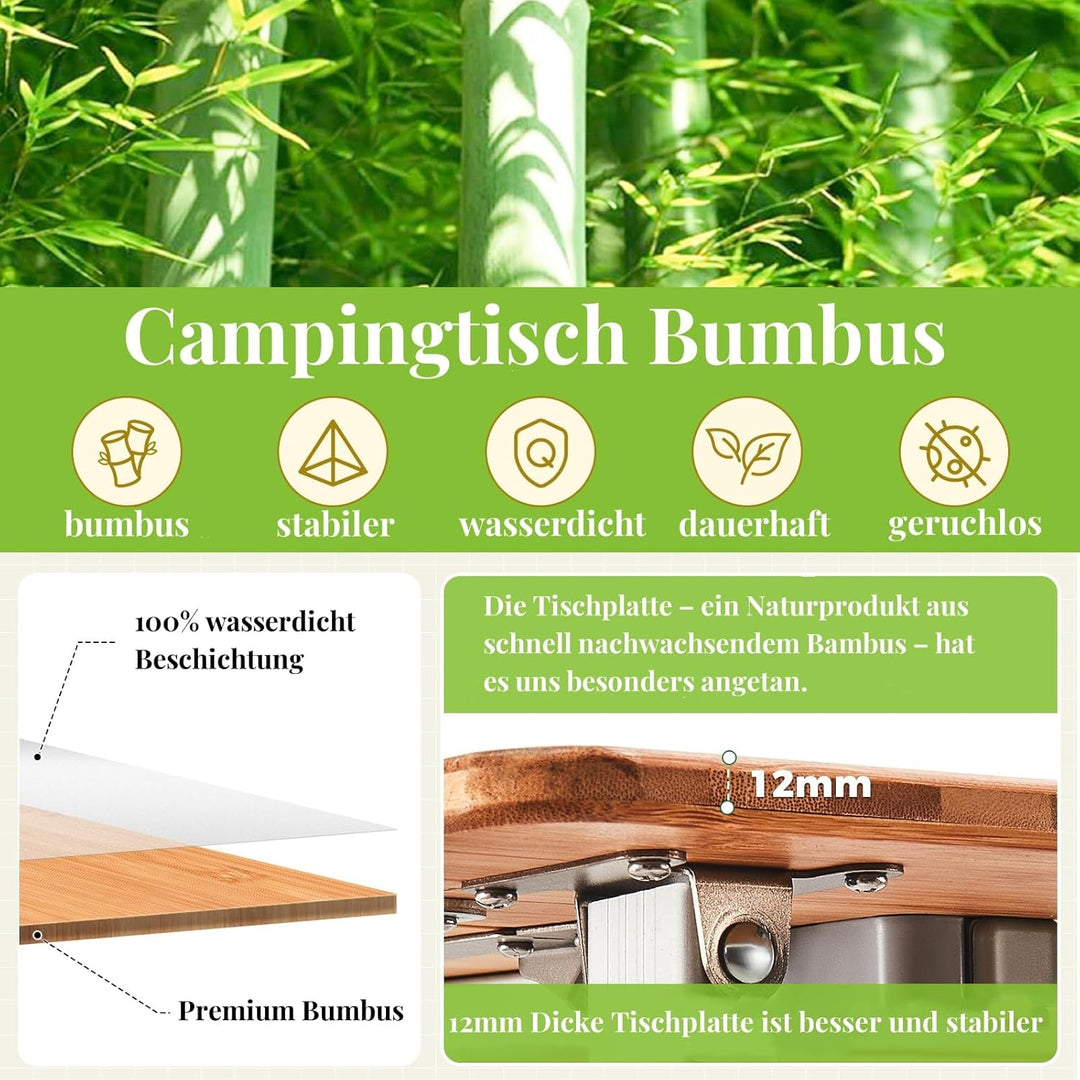 KingCamp Falten Bambus Campingtisch Klapptisch Verstellbare Höhe Aluminiumrahmen für Outdoor Camping