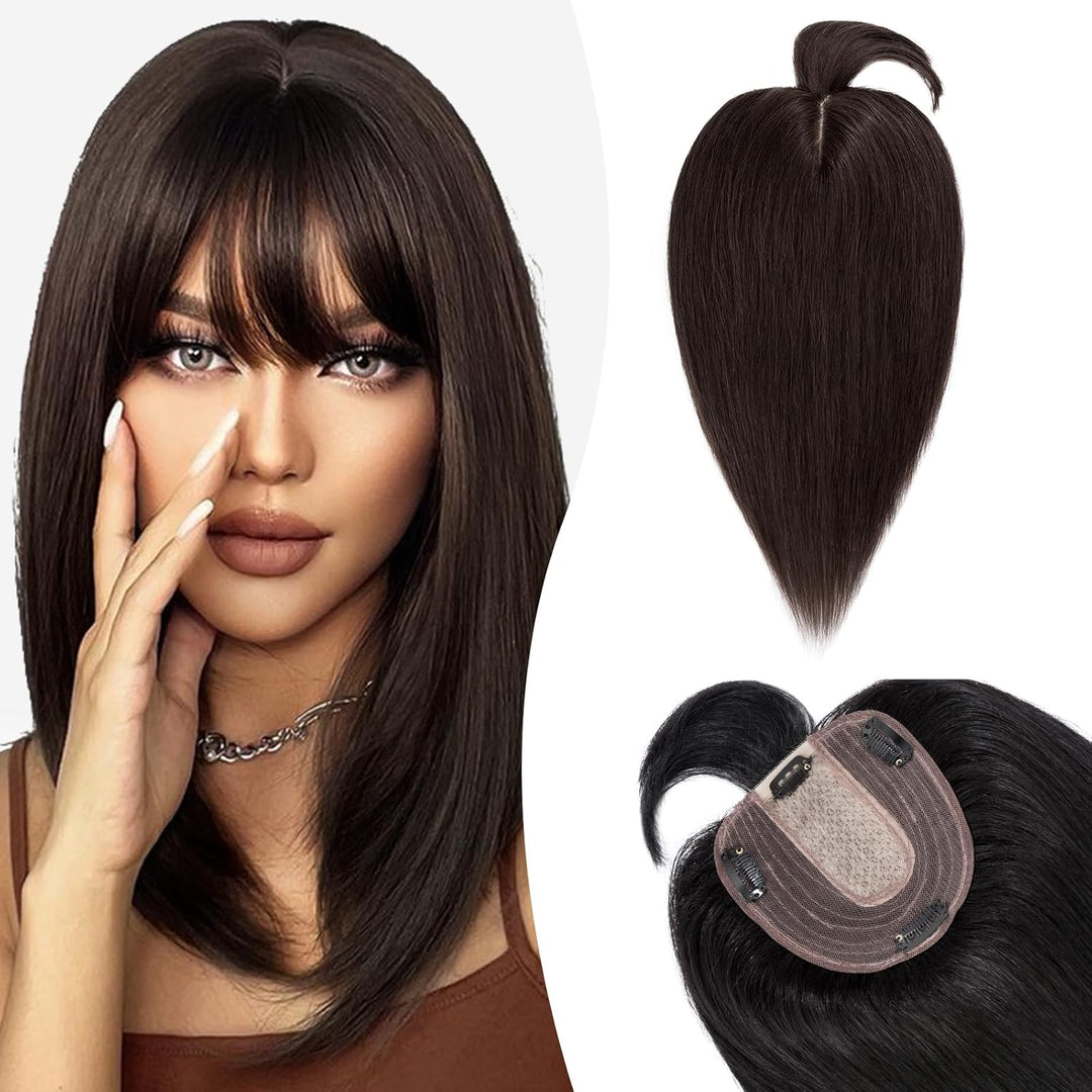 Silk-co Hair Topper Echthaar mit langem Pony, Toupet Damen 10x12cm Basis, Haartopper Echthaar mit Re