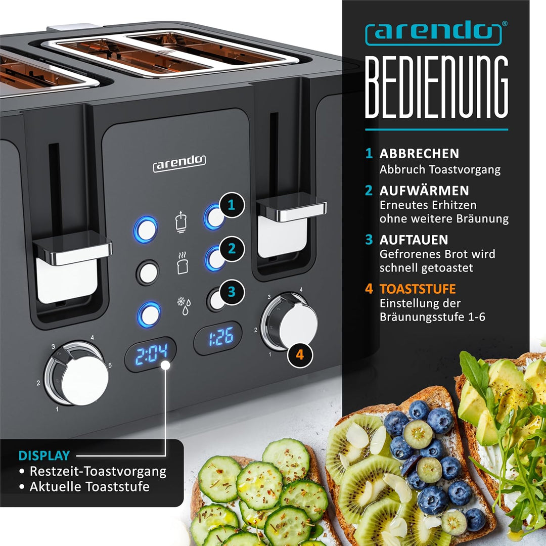 Arendo - Toaster 4 Scheiben Edelstahl - mit Brötchenaufsatz - LED Anzeige Restzeitanzeige – Doppelwa