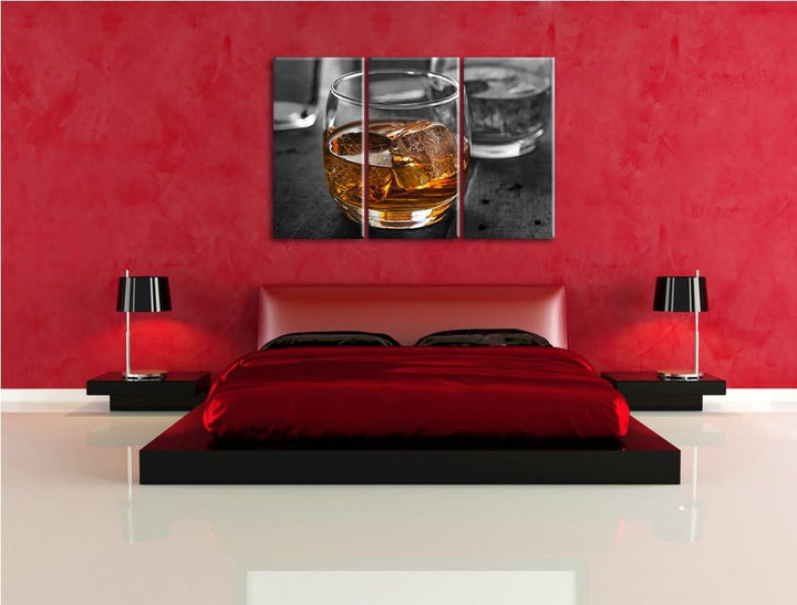 Gekühlter Whiskey im Glas schwarz/weiss 3-Teiler Leinwandbild 120x80 Bild auf Leinwand, XXL riesige