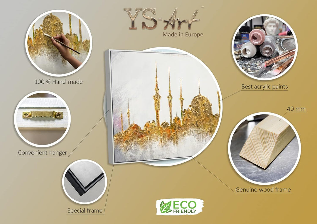 YS-Art XXL Abstrakt Acryl Gemälde auf Leinwand mit Rahmen Moschee handgemalte Wandbilder Wohnzimmer