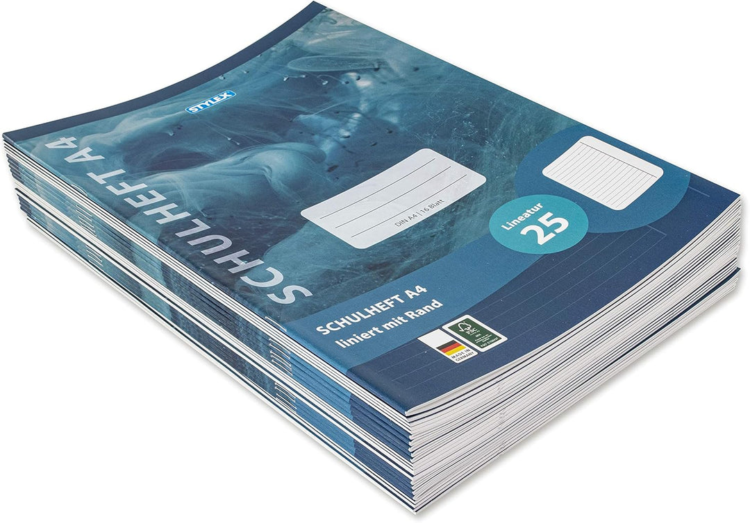 Stylex 29825-P25 - Schulheft, liniert, DIN A4, 16 Blatt mit 80 g/m² Grammatur, Aussenrand, 25 Stück