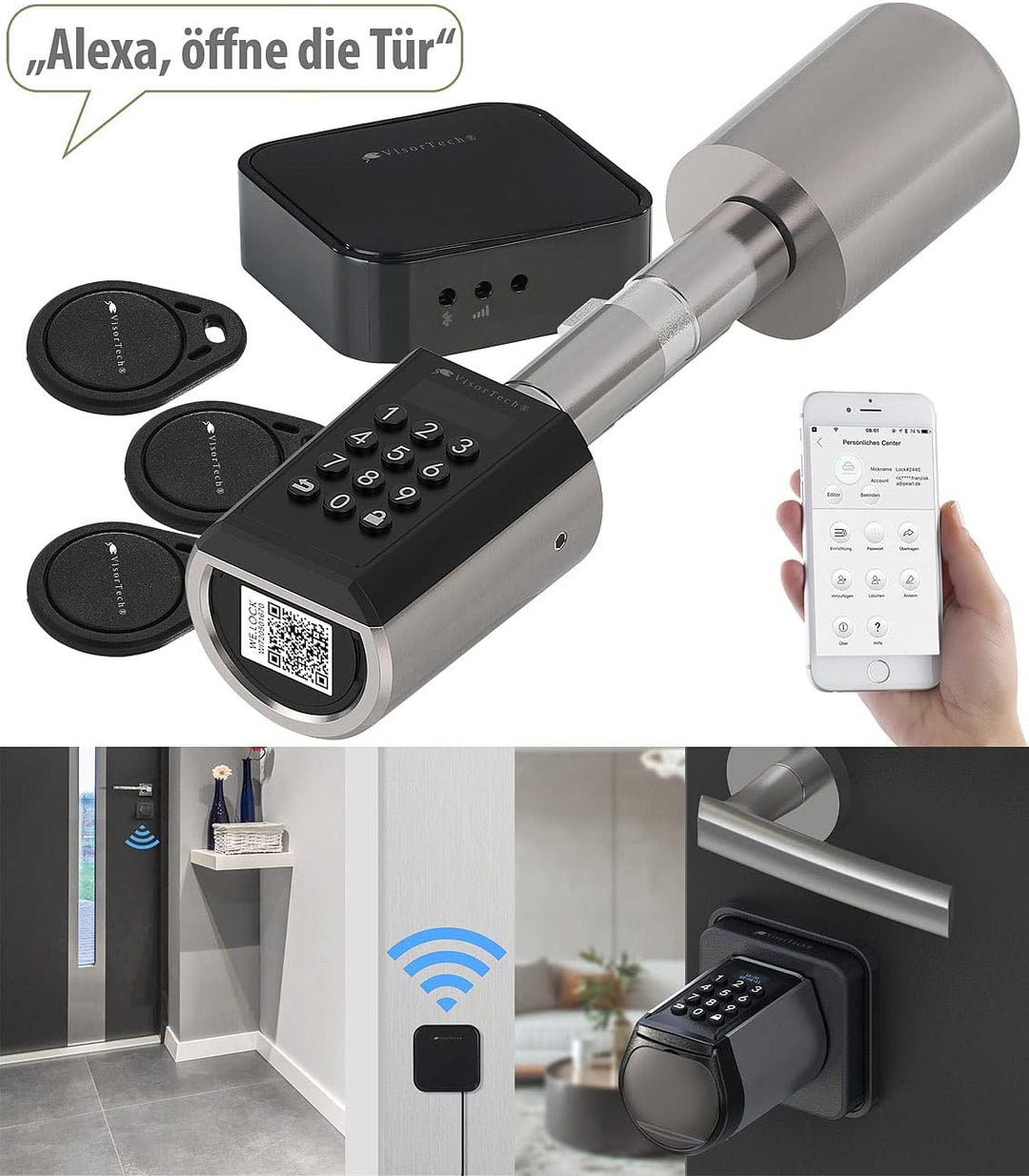 VisorTech Türzylinder: Elektronischer Tür-Schliesszylinder, Transponder, App, IP65, m Gateway (Elekt