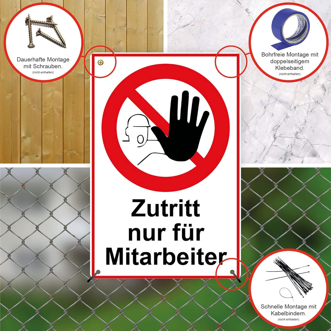 5 Stück Zutritt nur für Mitarbeiter Schild 20 x 30 cm aus stabiler PVC Hartschaumplatte 3mm mit UV-S