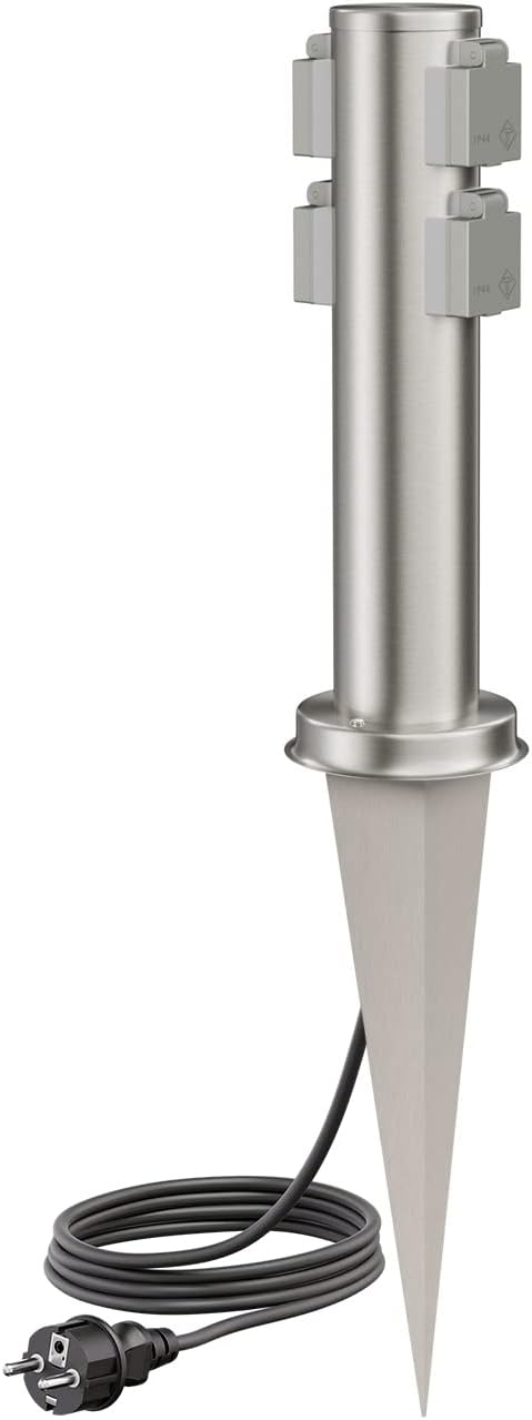 ledscom.de Garten-Steckdosen-Säule PORU mit Erdspiess und 2m Kabel für aussen, 4-Fach, Edelstahl, ru