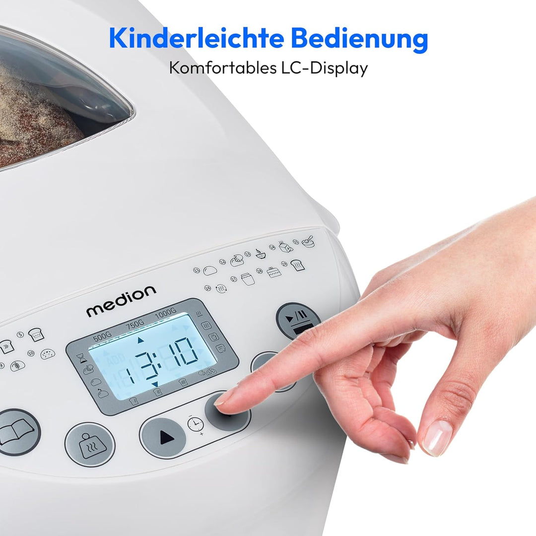 MEDION Brotbackautomat (Brotbackmaschine, 550 Watt, bis zu 1000g, 19 Backprogramme, 3 Bräunungsgrade