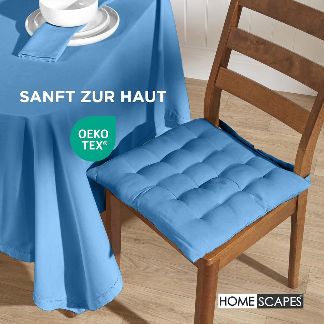 Homescapes 4er Set Stuhlkissen 40 x 40 cm, himmelbau, Sitzkissen mit Bändern und Knopfverschluss, ei