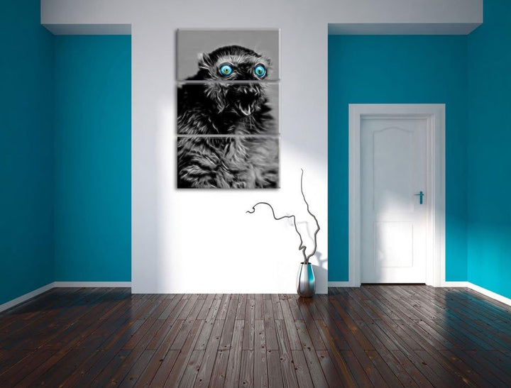 aufmerksamer seltener Blauaugenmaki schwarz/weiss Deluxe 3-Teiler Leinwandbild 120x80 Bild auf Leinw