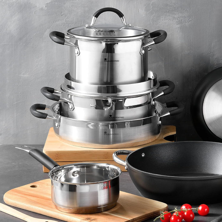 MasterPro Foodies | Niedriger Kochtopf mit Glasdeckel | 3,8 L Fassungsvermögen | Hergestellt aus Ede