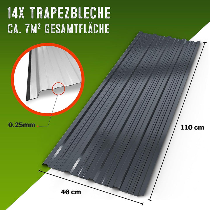 GARDEBRUK® 14x Trapezblech 110x46cm = 7m² Verzinkt Rostresistent Wetterfest Profilblech Dachblech We