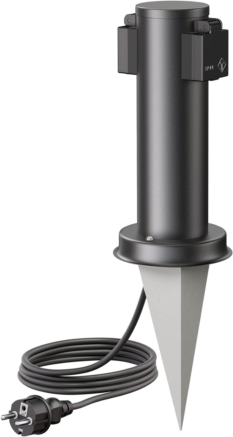 ledscom.de Garten-Steckdosen-Säule PORU mit Erdspiess und 2m Kabel für aussen, 2-Fach, Edelstahl, sc