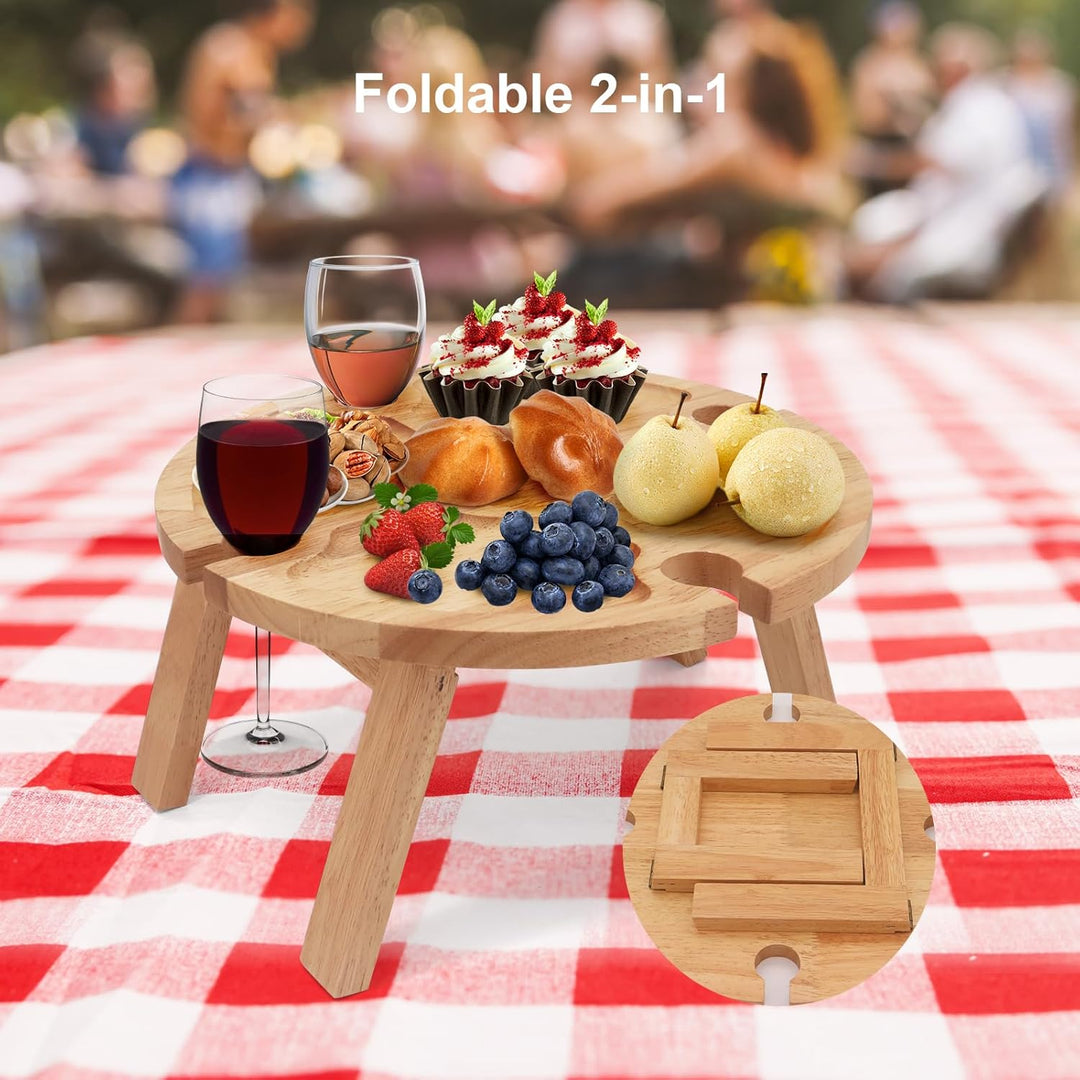 Buwico Klappbarer Picknicktisch aus Holz, Faltbarer Picknicktisch, mit Rotweinglashalter, Outdoor We