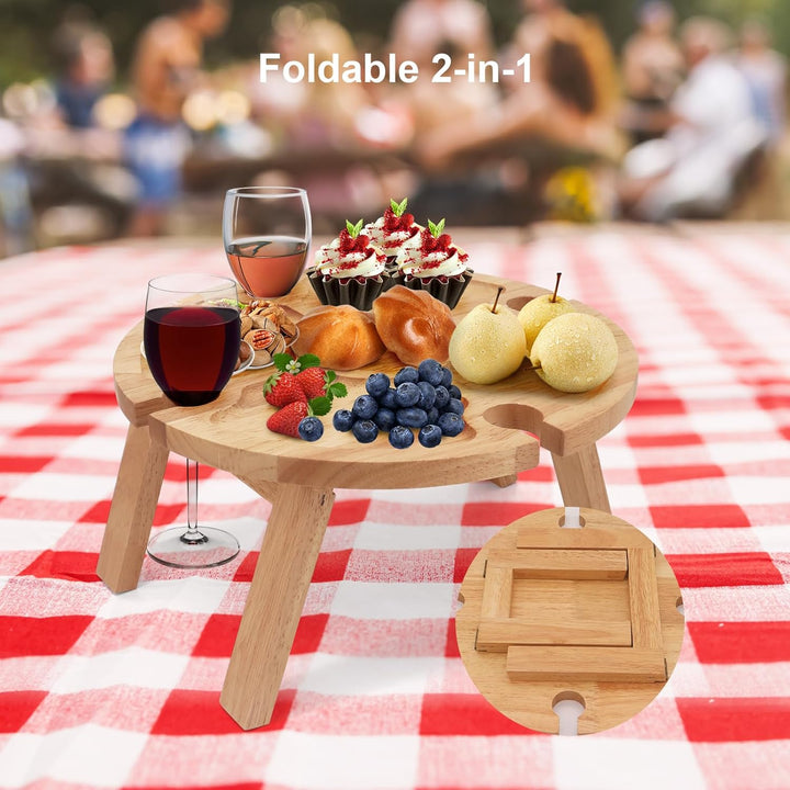 Buwico Klappbarer Picknicktisch aus Holz, Faltbarer Picknicktisch, mit Rotweinglashalter, Outdoor We